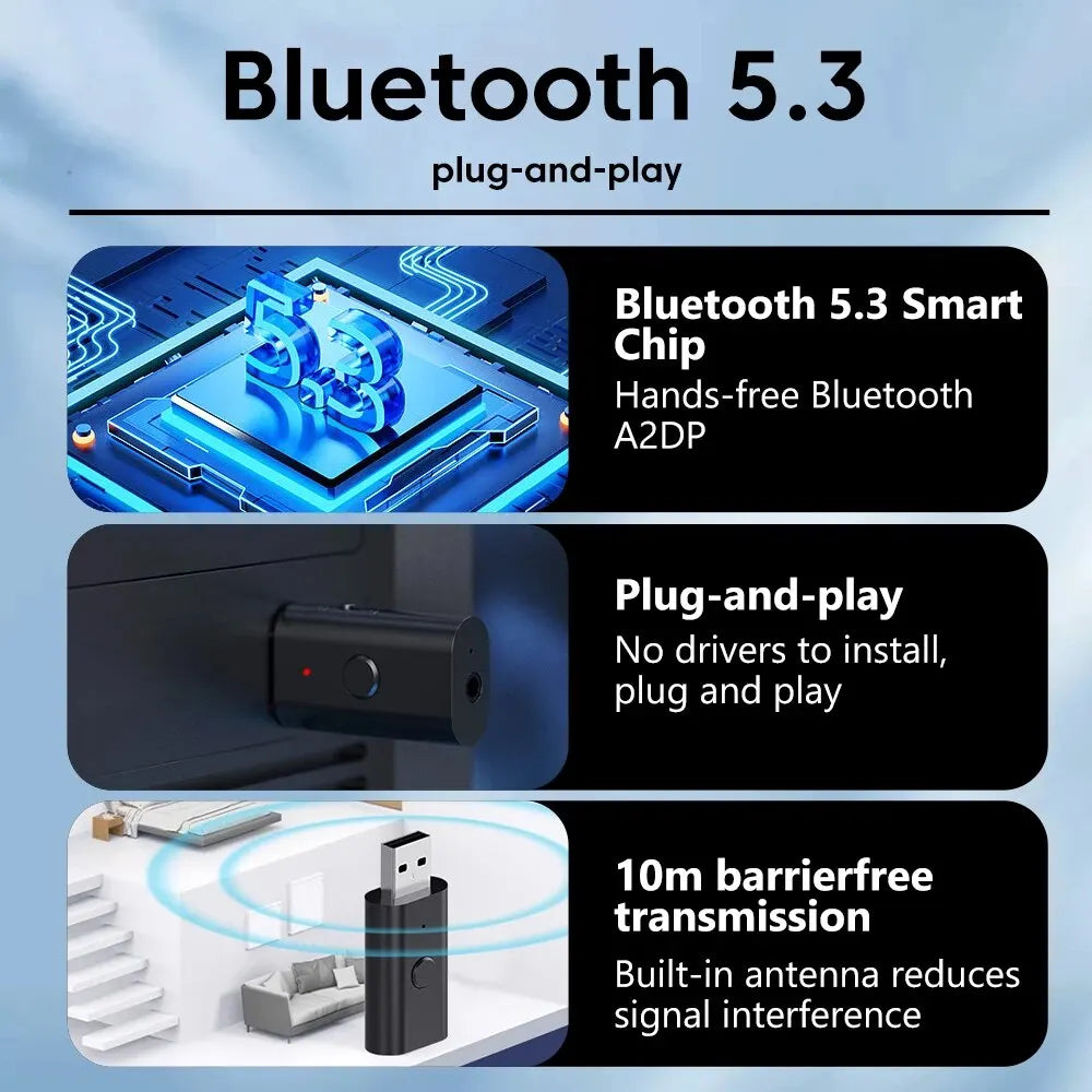 USB 无线蓝牙适配器 5.3 发射器接收器 AUX 3.5 毫米音频适配器适用于家庭车载音乐系统 USB Aux 音乐