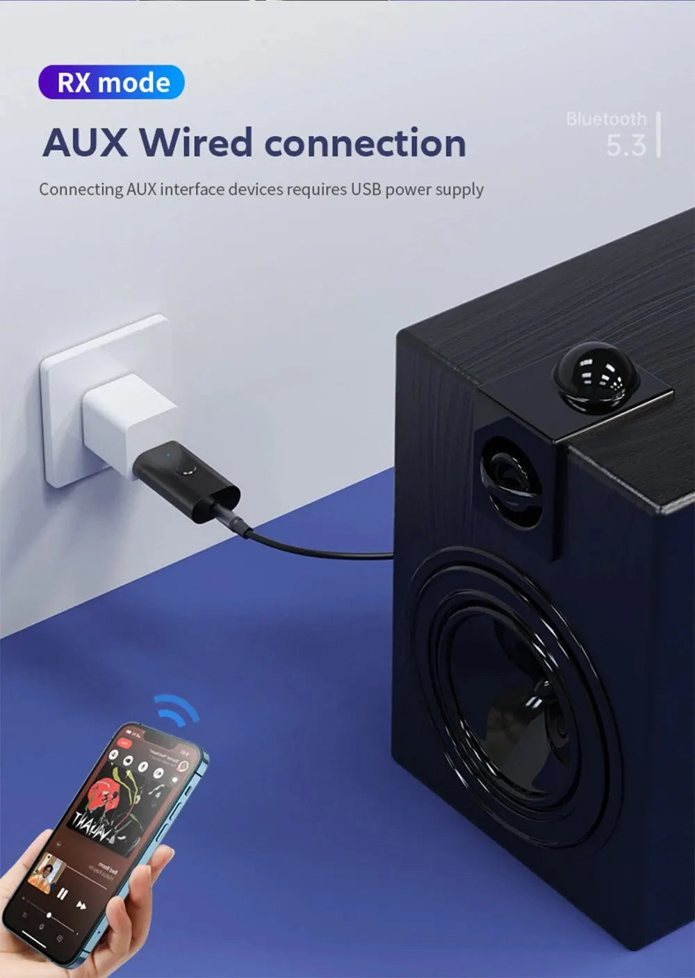 USB 无线蓝牙适配器 5.3 发射器接收器 AUX 3.5 毫米音频适配器适用于家庭车载音乐系统 USB Aux 音乐