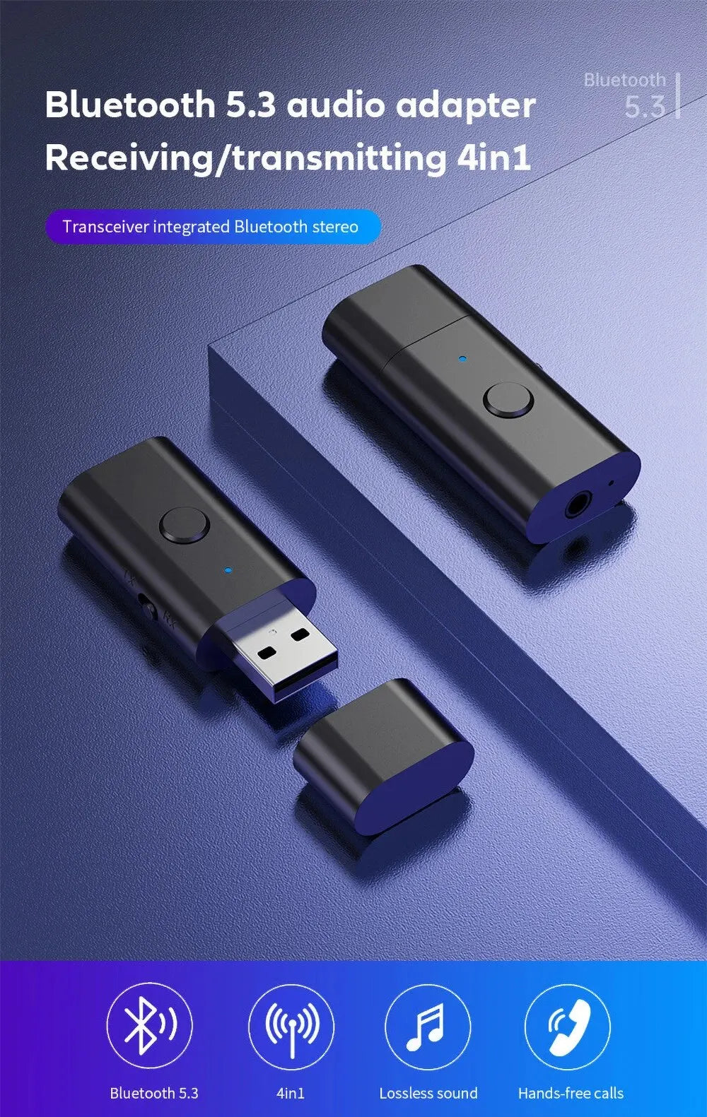 USB 无线蓝牙适配器 5.3 发射器接收器 AUX 3.5 毫米音频适配器适用于家庭车载音乐系统 USB Aux 音乐