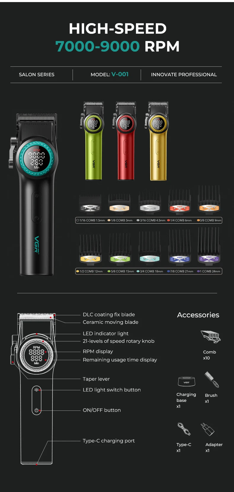 VGR Hair Trimmer Professional Hair Cutting Machine Barber Hair Clipper Adjustable Haircut Machine 9000 RPM Trimmer for Men V-001