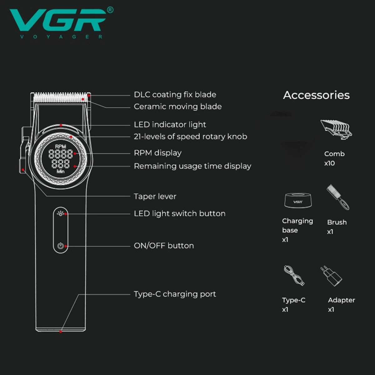 VGR Hair Trimmer Professional Hair Cutting Machine Barber Hair Clipper Adjustable Haircut Machine 9000 RPM Trimmer for Men V-001